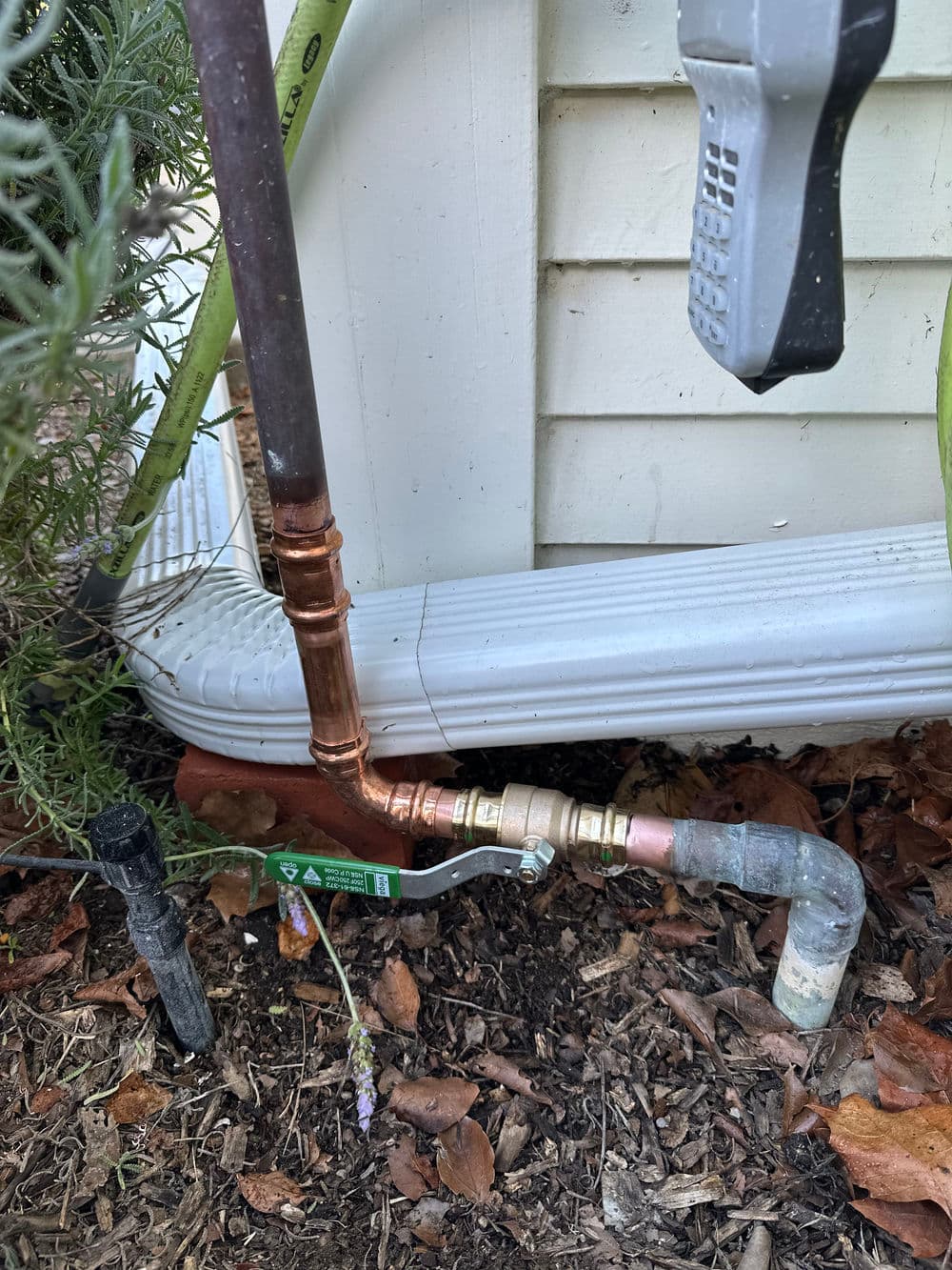 Copper and PVC plumbing pipes connected near a home's foundation with green plants nearby.